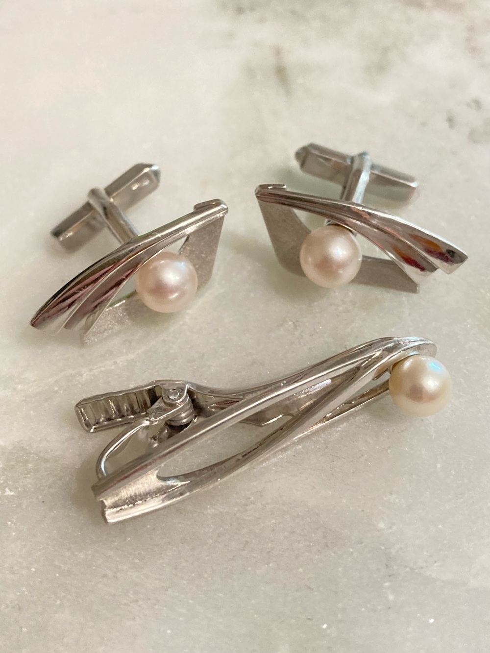 Mikimoto Sterling Silver Pearl Cuff Links + Tie Clip Set